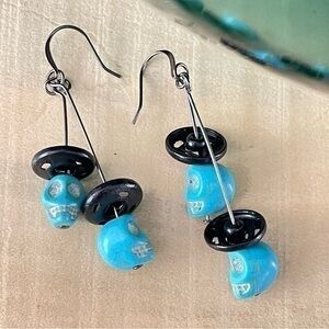 2/$29 Handmade Dangling Blue Skull Magnesite Earrings 2.25” Upcycled